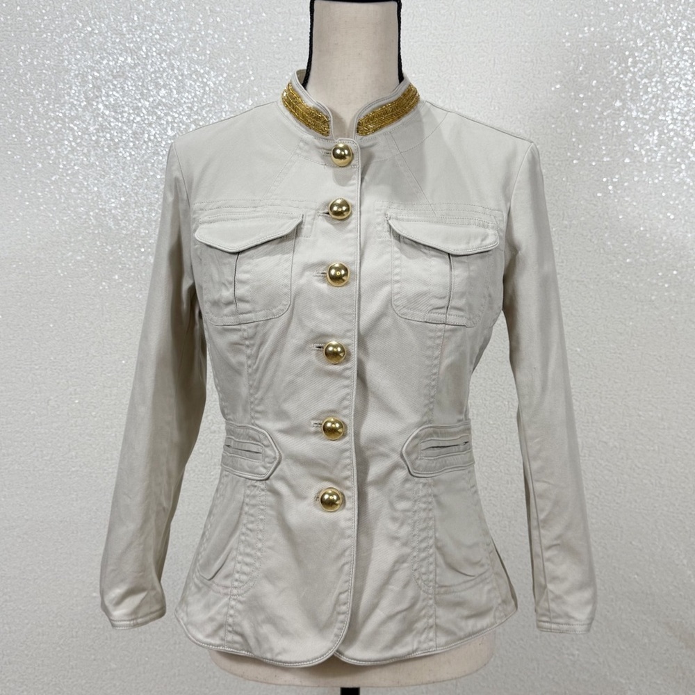 Michael Michael Kors Military Style Jacket Beige Gold Button Trim Size 8 - Picture 11 of 11